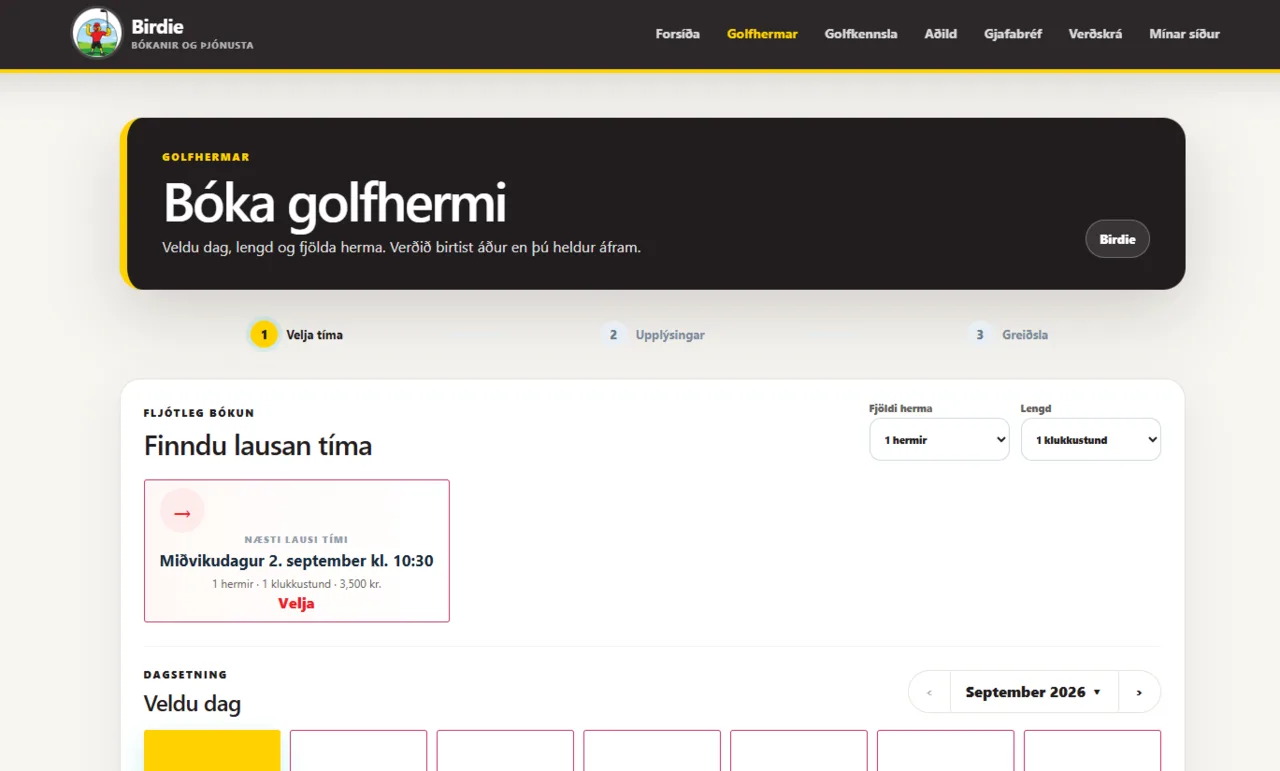 Bókunarviðmót Stundagáttar fyrir golfherma