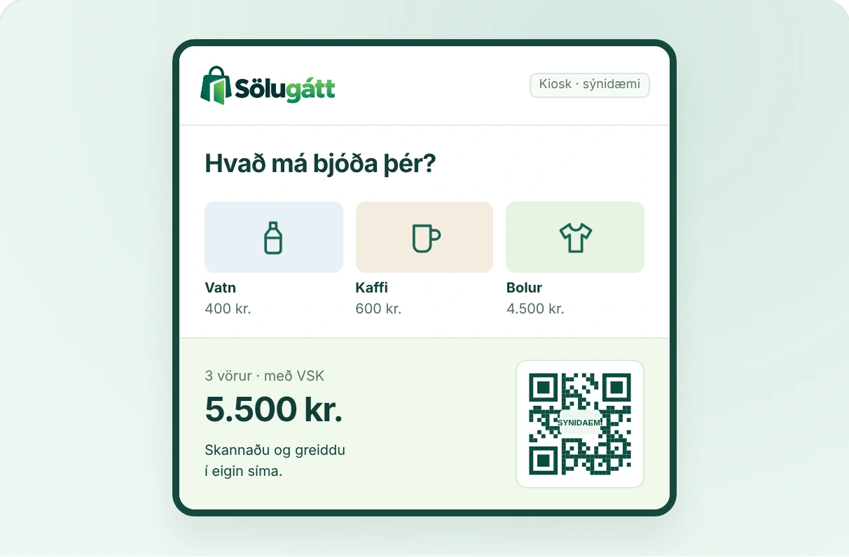 Sýnidæmi af sjálfsafgreiðslu Sölugáttar: kaupandi velur vörur og skannar QR-kóða til að greiða í símanum.