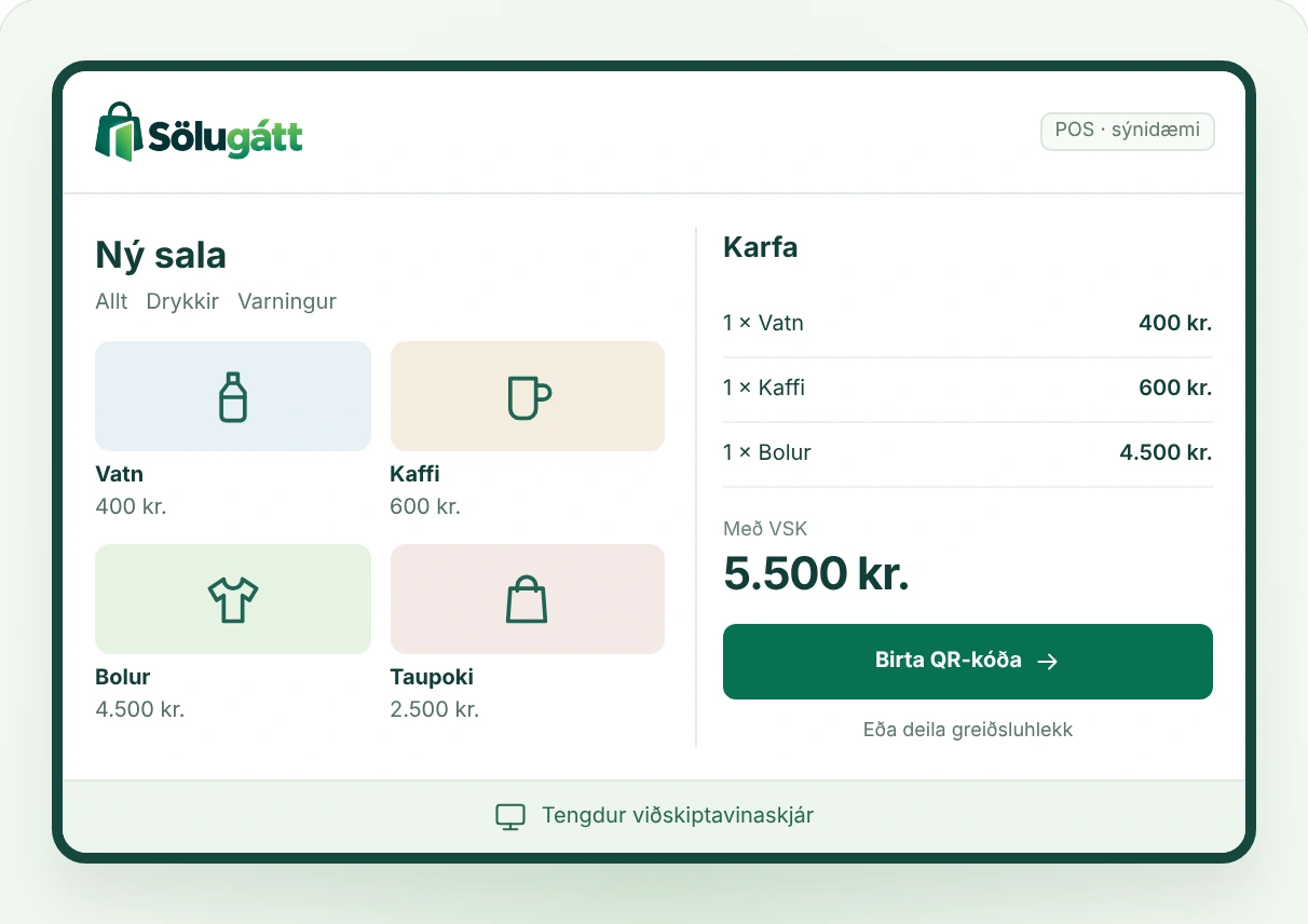 Sýnidæmi af afgreiðslukerfi Sölugáttar: vöruval, karfa og greiðsla með QR-kóða.